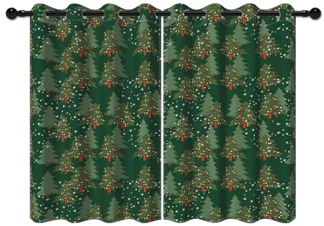 YONGFOTO 117x138cm Tende natalizie per la camera da letto Verde scuro Albero di Natale Fiocchi di neve Tende Oscuranti con Occhielli per Decorazioni Invernali per il Soggiorno, 2 Pannelli