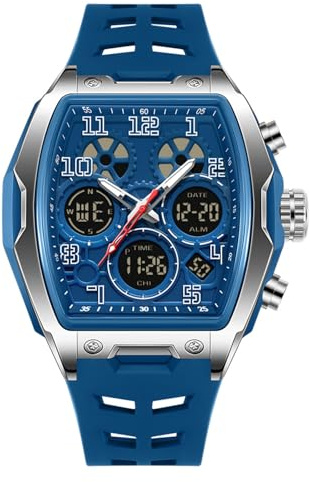 Luxuriöse Herren-Armbanduhr, Militäruhr, Tonneau, quadratische Armbanduhr, Saphirglas, 50 m wasserdicht, Datumsanzeige, Geschenk für Männer, Blau und Silber