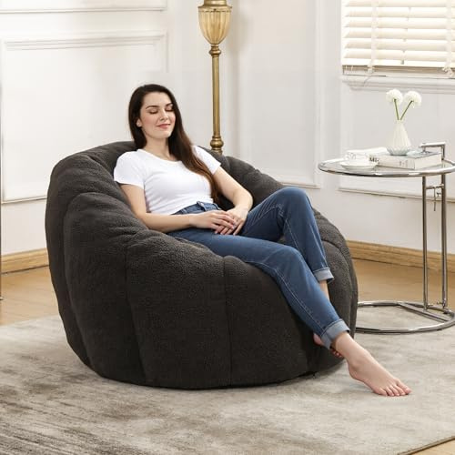 MINCETA Sitzsack-Stühle für Erwachsene, Blumenförmiger Sitzsack-Stuhl mit Rückenstütze, dunkelgrau, großer Sitzsack für Wohnzimmer, Schlafzimmer, keine Montage