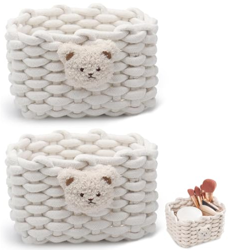 CHUANFU 2 Stück Aufbewahrungskorb Geflochten Baumwolle Strickkorb | Organizer Klein Körbchen mit Bärenmotiv Aufbewahrungskorb, Körbe Schateln für Baby Kleinkinderzimmer, Schminktisch, Weiß