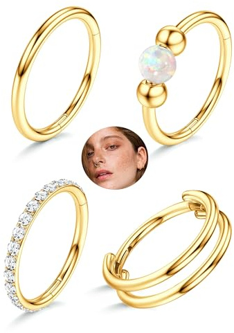 4Stück Nasenpiercing Ring Gold/Silber Hypoallergen - 316L Chirurgenstahl Segmentring Septum Piercing Nase 16/18/20G Clicker Nasenring Knorpel Daith Rook Tragus Conch Helix Piercing Ring 6/8/10mm