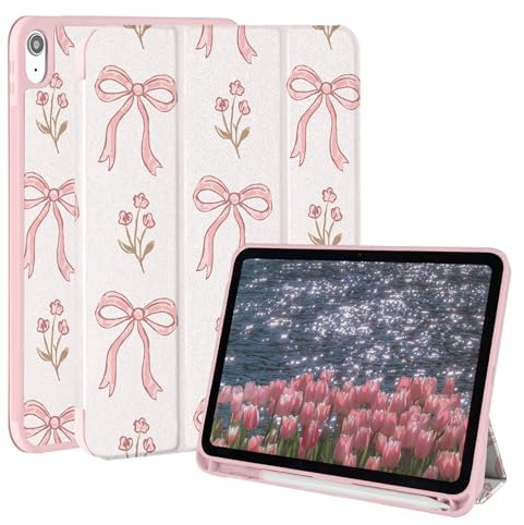 Rvciby iPad 10.9 Inch Case for iPad (A16) 11/10th Generation 2025/2022,Pink cute case with Pencil Holder,Tri-fold Stand Protective Cover w/Auto Sleep Wake for iPad Case 10.9 Inch,Flower bow