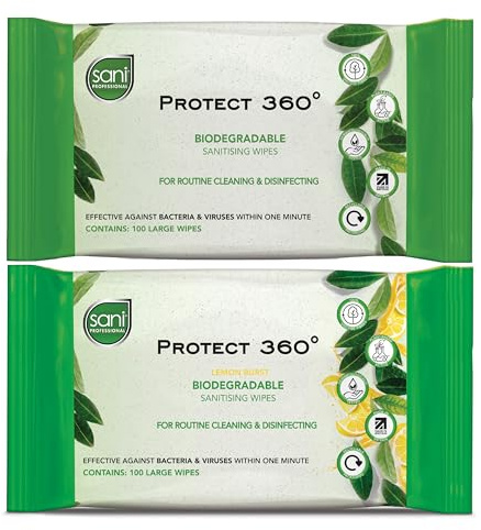 Sani Professional - Protect 360° Biodegradable Sanitising Wipes Bundle - 18 Packs x 100 Wipes (Lemon Burst + Original) - Food Safe, 1 Min Action - Cleaning Products for Hospitality Sector & Home Use