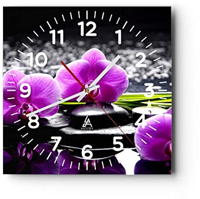 Modern Wanduhr Orchidee Natur Wasser Blume 40x40cm Quadrat Groß Wand Uhr Glas Analog Zimmeruhren Küche Büro Wohnzimmer Glasuhr Wall Clock Dekoration Design Wanddekoration Küchenuhr C4AC40x40-2658