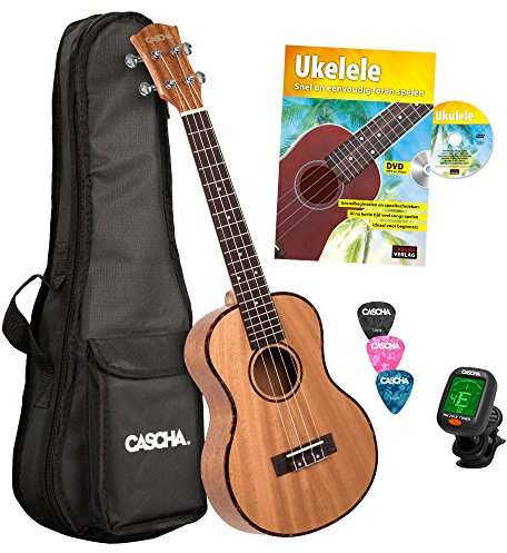 Cascha Tenor Ukulele Set I Ukulele Starter Kit mit 3 Plektren Tasche Stimmgerät & niederländischem Lehrbuch I Tenor Ukulele Mahagoni I Kleine Hawaii Gitarre für Anfänger & Fortgeschrittene