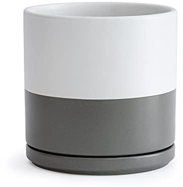 D'vine Dev Pot de Fleurs Rond en céramique avec Trou de Drainage et Soucoupe pour intérieur - 20,3 cm, Blanc/Gris moucheté, 94-O-M-6