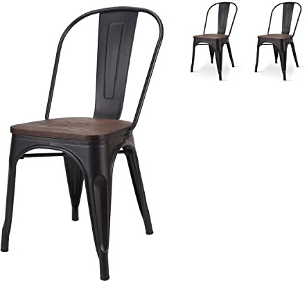 KOSMI.FR - 2 schwarze Metallstühle mit Sitz aus dunklem Naturholz im Industriestil