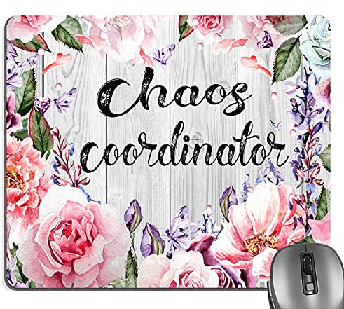 Knseva Mauspad mit lustigem Zitat von Chaos Coordinator für Büroarbeit, Dekoration, Vintage-Stil, Rosa, Blumen, Blau, Schmetterlinge, Blumen, Weiß, Grau, Holzmaserung