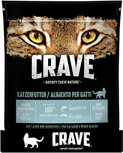 Crave Adult Trockenfutter mit Lachs & Weißfisch, 6 Beutel, 6x750g – Premium Katzenfutter trocken mit hohem Proteingehalt und ohne Getreide – Hergestellt mit 100 Prozent natürlichem Fisch