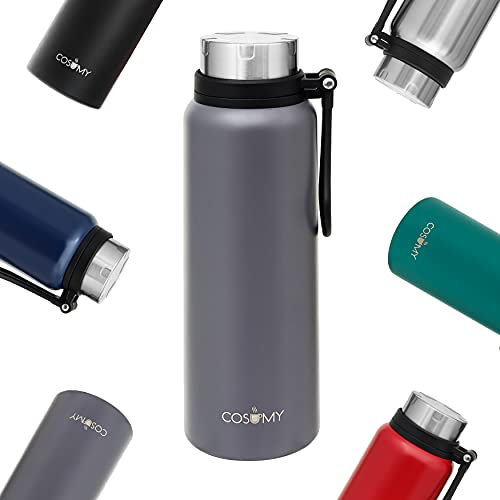 Cosumy Botella Térmica de 1l con Filtro - Doble Pared de Acero Inoxidable - Antigoteo - Apta para Bebidas con Gas - Ideal para Llevar - Gris