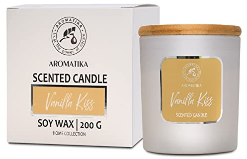 Duftkerze Vanille Küss 200 g - Vegan Soja Wachs Mit Vanille Öl - Aromatherapie Sojawachs Kerzen für Raumduft - Im Glas - Bis Zu 45 Stunden Brenndauer