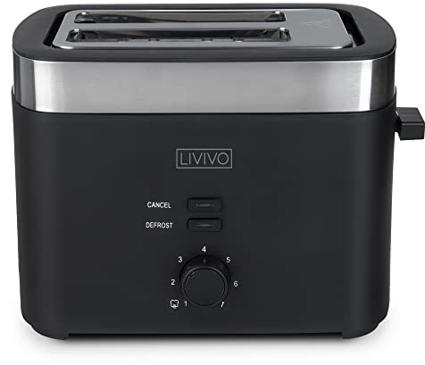 LIVIVO Sirius 2 Slice Toaster Glossy With Silver Chrome Finish & Wide Slots - 7 Browning Bread Toast Settings - Reheat Defrost & Cancel Functions – Detachable Slide On Crumb Tray 930w (Black)
