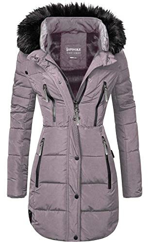 Spindle Womens Designer Long Fur Parka Hooded Jacket Quilted Winter Padded Coat Zip Pockets (L, Grey Hooded)