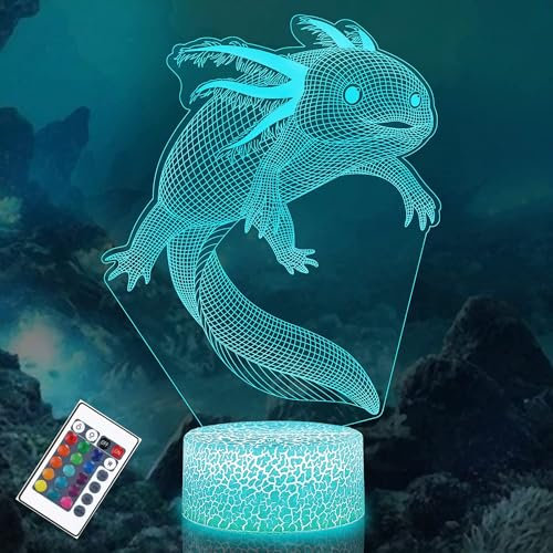 PONLCY 3D Illusion Lampe Axolotl Led Nachtlicht, 16 Farben Fernbedienung USB Schreibtischlampen, Schlafzimmer Dekoration Tischlampe für Kinder Weihnachten Geburtstag Geschenke