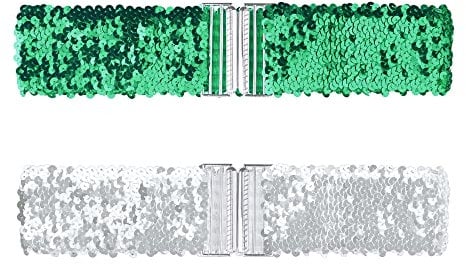 Allegra K Womens Glitter Wide Waist Belts Interlock Buckles Sequins Decor Stretchy Belts 2PCS Green 60cm/23.62