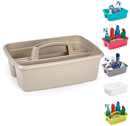 Large Strong Plastic Kitchen Cleaning Carry Tray Caddy Tidy Organiser Cleaning Tool Utility Caddy Storage Gardening Home Bottle Carrier with Handle (Taupe)
