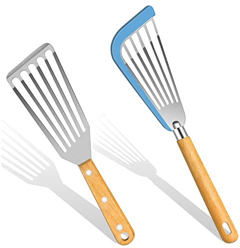 KLAQQED Fish Spatula, Silicone Fish Spatula for Nonstick Cookware, Flexible Metal Fish Spatula Stainless Steel Fish Spatula, Small Fish Slotted Spatula Turner, Spatulas Set, Wood Handle Fish Spatula