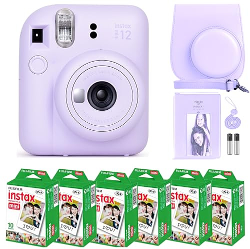 Fujifilm Instax Mini 12 cámara con película instantánea Fujifilm (60 hojas) paquete con ofertas de accesorios número uno, incluyendo funda de transporte, álbum de fotos, calcomanías (morado lila)