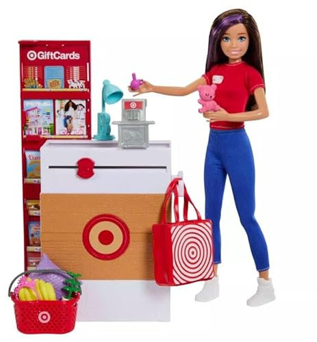 Barbie Puppen-Skipper & Spielset, Ziel-Supermarkt mit 25 Lebensmittel-Zubehörteilen inkl. Lebensmittel, Check-Out Theke & Regale