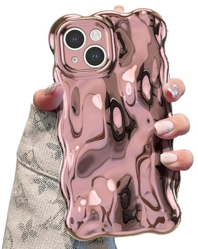 UEEBAI Case for iPhone 13, Cute Solid Color Curly Wave Shape Shockproof Soft TPU Bumper Phone Case, Candy Color Water Ripple 3D Silicone Slim Pretty Case Non-yellowing Cover - Rose Gold