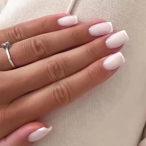 24pcs French Tip False Nails - White Stick On Nails, Short Square, Press On, Removable Glue On, Women & Girls Nail Art Accessories