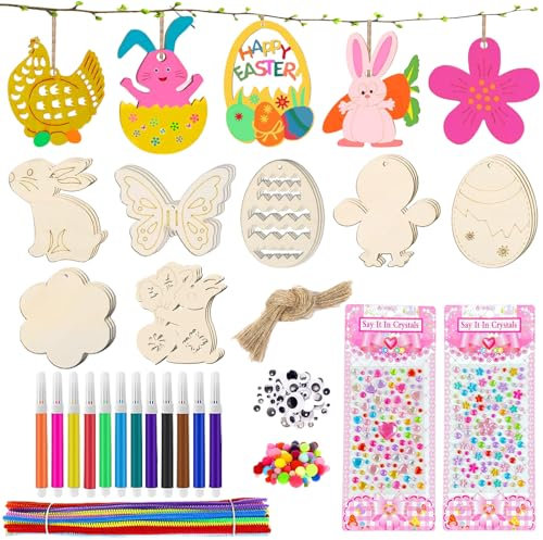 IWTBNOA Holzanhänger Ostern zum Bemalen, 36 Stück Basteln Ostern Kinder, Ostern Basteln Holz, DIY Anhänger Ostern, Ostern Anhänger Holz mit Aquarellstift, Glocke, Strass, Auge, Schnur
