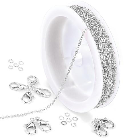 Niboken Schmuckherstellung Kette 5 Meter 2mm Edelstahl Überzogene Halskette Kabel Gliederkette Metallkette DIY Chain mit 30 Sprung Ringe und 10 Karabinerverschlüsse für Schmuck Zubehör (Silber)