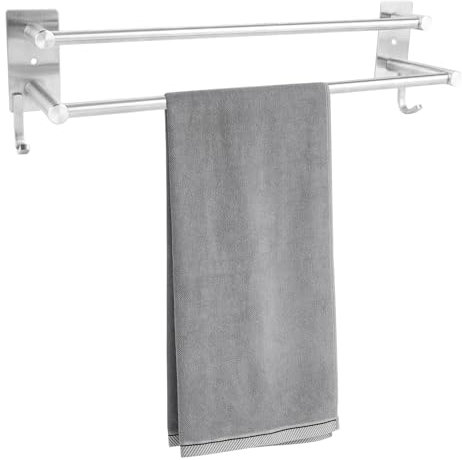 MEIDIV 40cm Double Towel Rail, 304 Stainless Steel Towel Rack with Hooks, Bathroom Towel Rail Wall Mounted, Dual Rod Tower Holder Towel Shelf Bar for Bathroom Shower Kitchen