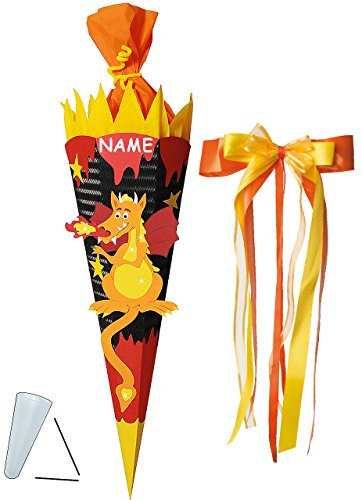 alles-meine.de GmbH BASTELSET Schultüte - Drache mit Feuer - 85 cm - incl. großer Schleife + Name - mit/ohne Kunststoff Spitze - Zuckertüte - Set zum selber Basteln - 6 eckig /..