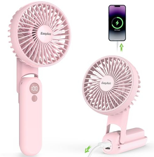 EasyAcc Handventilator,5000mAh Tragbarer Mini Ventilator mit 5 Geschwindigkeiten,15 Stunde Reichweiteund,LED Display,Backup Power und Flashlight,5 in 1 USB Ventilator für Reisen,Büro,Zuhause - Rosa