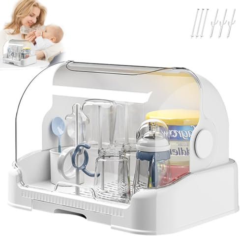 Racks de séchage de biberon, 15,7 pouces de séchage à biberon avec couvercle et plateau de vidange, boîte de rangement de biberon à la poussière, organisateur de biberon pour armoire de cuisine (blan