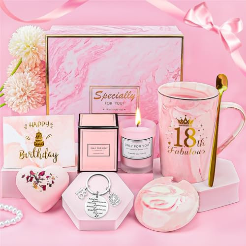 TOLOYE 18th Birthday Gifts for Girls, Birthday Presents for 18 Year Old Girls, Pink Mug Cup Gift Set for Her, Happy 18th Gift for Her, Unique Pamper Gifts for for Best Friend, Sister, Daughter