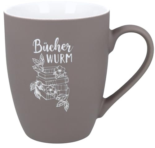 Spruchreif | Soft-Touch Tasse Taupe Bücherwurm – Beidseitig gravierte Tasse mit Spruch | Originelles Geschenk für Leseratten & Bücherfreunde | 350 ml