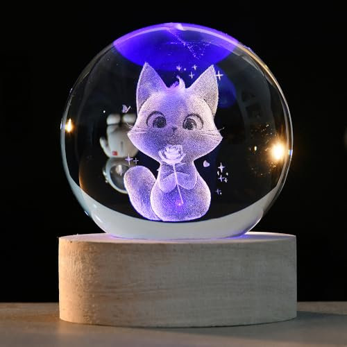 ZRENJHUS Cadeau 3D pour amoureux des chats pour femme, cadeau fantaisie sur le thème du chat tenant une rose, veilleuse décorative en forme de chat tenant une boule en verre rose, décoration pour