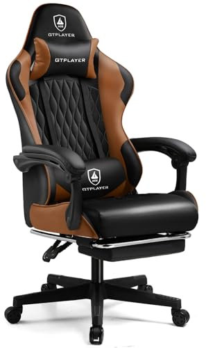 GTPLAYER Silla Gaming, Sillón Gamer Altura Ajustable, Silla de Gaming con Reposapiés Telescópico, Silla Ergonómica con Reposacabezas y Soporte Lumbar, Marrón
