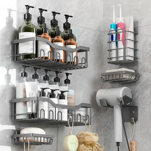 rigors Duschablage ohne Bohren, 6 Stück Badezimmer Regal mit Haartrocknerhalter und Haken, Duschregal Edelstahl Duschkorb Wandhängend, Selbstklebend Badezimmer Organizer für Bad und Küche Grau