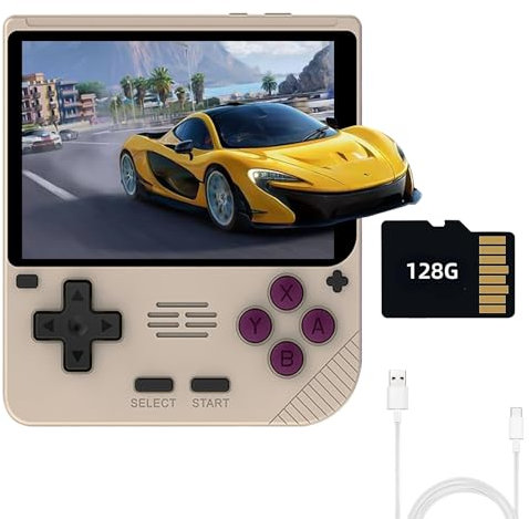 Consola de Juego Retro de Mano para Powkiddy V10, Compatible con Simuladores 3D de 64-bit y Sistema de Código Abierto,Tarjeta TF de 64G Incorporada 10000 Juegos, Pantalla IPS de 3.5in (Caqui 128G)