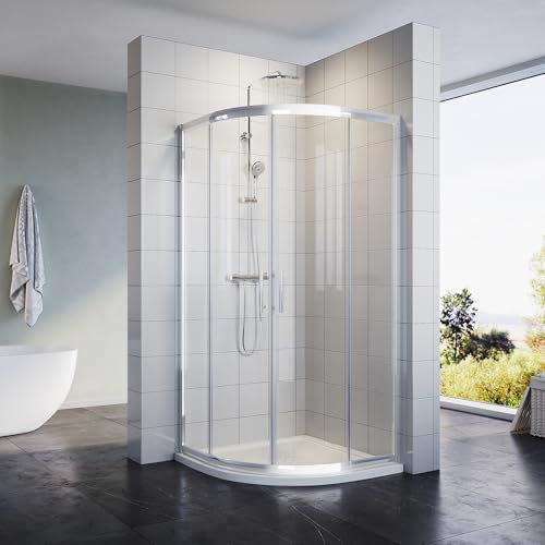 SONNI 80x80 Viertelkreis Duschkabine Runddusche eckeinstieg Duschabtrennung mit Oval Duschtasse Niedrigprofil Duschwanne 550 mm Radius, Extra Flach, SMC, Inklusive Ablaufgarnitur
