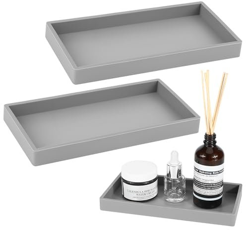 2 Stück Badezimmertablett, Harz Vanity Dresser Tablett Teller Organizer Deko Rechteckige Platte für Gewebe, Kerzen, Handtuch, Bad Schmuckaufbewahrung Kleine Pflanze Dekorplatte-grau
