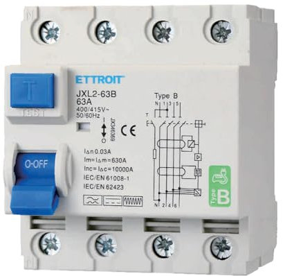 A2ZWORLD Interruptor diferencial tipo B trifásico, RCCB Clase B 30 mA 4P 63 A, 3P + N 4 polos 10 kA AC 400 V, ocupa 4 módulos de barra DIN