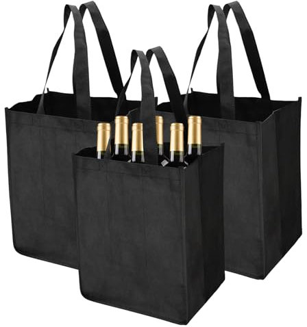 BORISCA 3 Pezzi Borsa per Bottiglie 6 Scomparti Nero, 31 x 25 x 18 cm Borsa Porta Bottiglie 6 Posti con Maniglia, Borse per Bottiglia di Vino Portatile con Divisore per Shopping, Stoccaggio, Campeggi