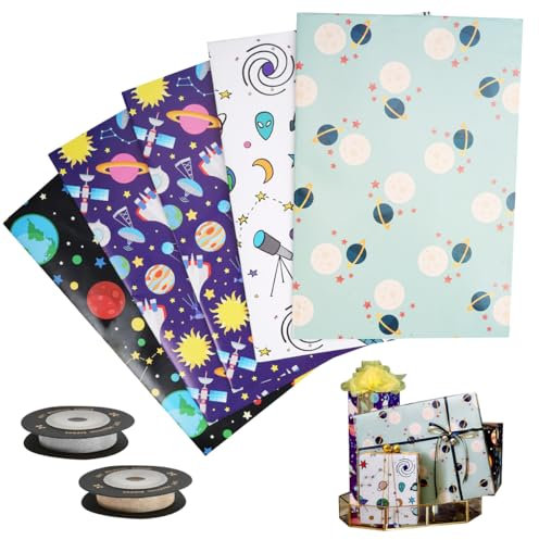 5 Blätter 70 × 50 cm Geschenkpapier Kinder, Galaxie Raumschiff Geburtstag Geschenkpapier Set mit 2 Rollen Geschenkband, für Geburtstagsgeschenkverpackungen und Astronauten-Raketen-Mottopartys