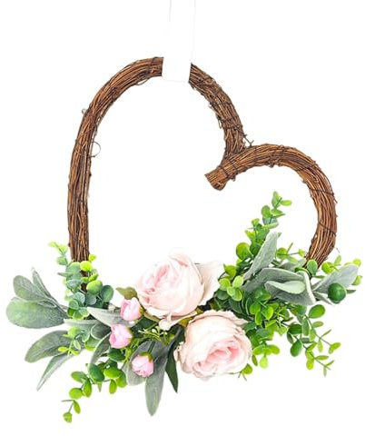 Ghirlanda a forma di cuore per tombe | Ghirlanda funebre | Ghirlanda di fiori | Ghirlanda a forma di cuore | Corona di San | Ghirlanda di vite da 35,1 cm con fiore ed eucalipto | Ghirlanda