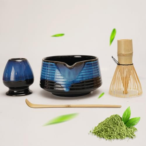 LUMIN TUTU Matcha Tee Set, 4-Teiliges Matcha Whisk Set, Inkl. Matcha Schale mit Ausgießer, Matcha Besen, Matcha Besen Halter und Teelöffel, Blau-Schwarz-Verlauf