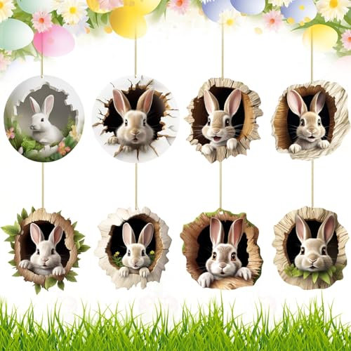 8 Stück Acryl Anhänger Osterhase Ornamente Osterdeko Fenster Zum Aufhängen 2D Hase Hängedeko Easter Decoration Osteranhänger Deko Ostern Frühlingsdeko für Drinnen und Draußen Ostergeschenk