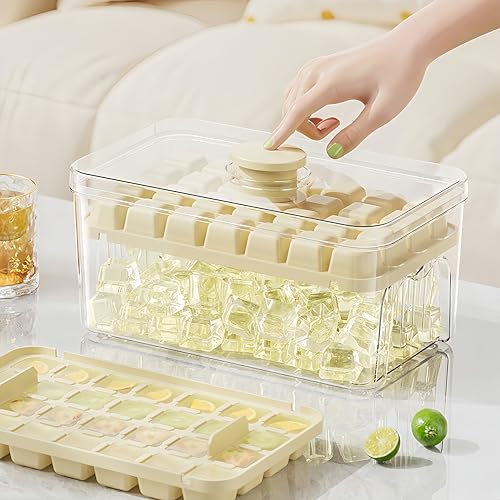 Ice Cube Tray with Lid and Bin, 56 Pcs Ice Cube Mold, 2 Trays & Ice Scoop, BPA Free (Yellow)