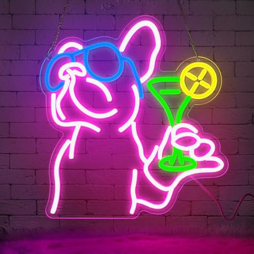 Lxmoneon Neon Schild Bulldogge mit Cocktail Bar Schild LED Wanddeko Hund Neonlicht USB Französische Bulldogge Leuchtschild für Bar Club Wohnzimmer Partyraum Gaming Zimmer, Geschenk für Männer