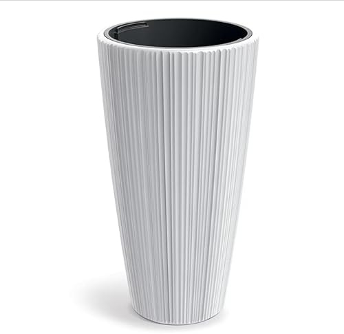 B2C Flowerpot Ridged Planter with removable insert Indoor Outdoor Modern Vertical grooves textured for home office patio garden decoration (White, W40cm x H73cm)