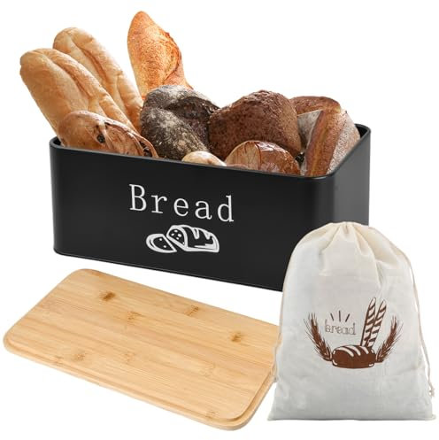 Samlonge Boîte à Pain, Boite a Pain avec Sac en Lin, 2 en 1 Boite a Pain avec Couvercle en Bambou Pouvant Servir de Planche à Découper, pour Pain, Pain Grillé, pour Longue Fraîcheur (Noir)