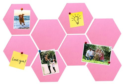 HULAVO Lot de 8 panneaux d'affichage hexagonaux en feutre en liège autocollants pour bureau, école, maison, décoration murale, mémos, photos (rose vif)